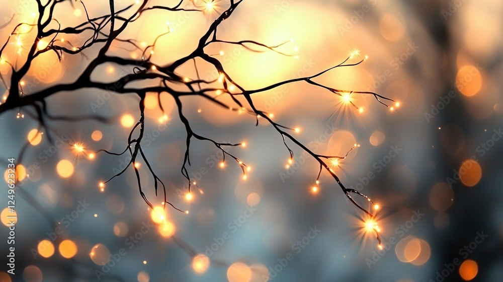 Poster a picture of a tree with lights on its branches and a hazy sky as the background