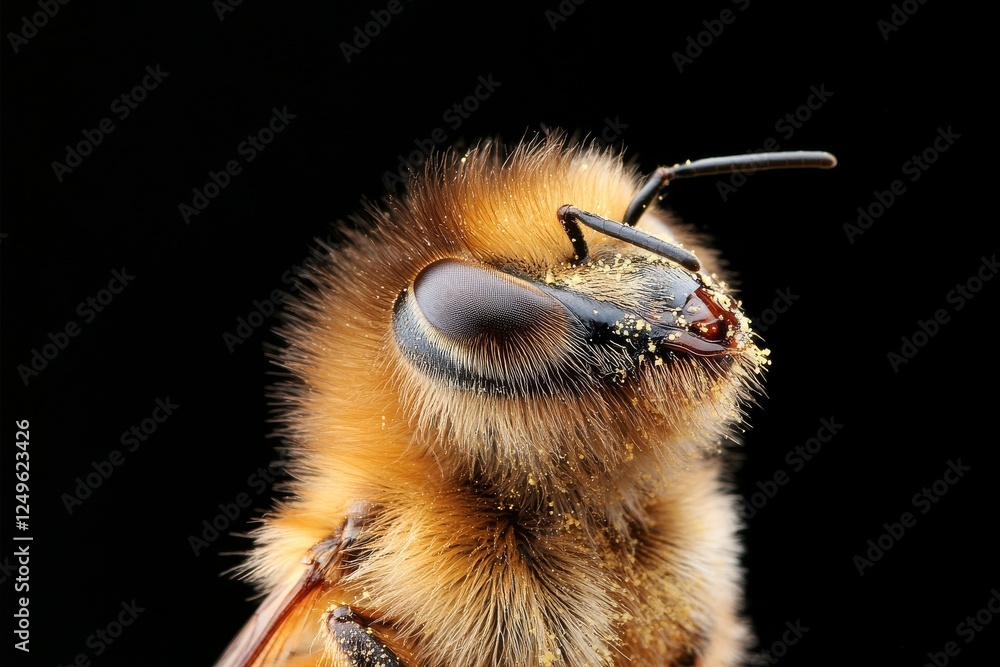Poster close-up view of a honeybee showcasing intricate details and pollen on its face