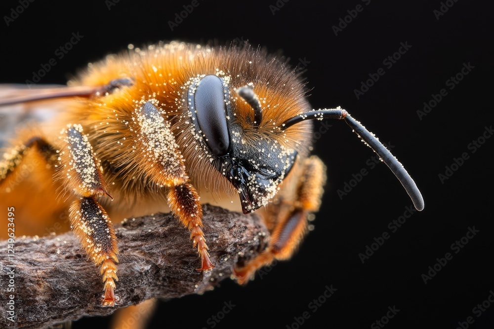 Poster close-up view of a bee covered in pollen perched on a twig against a dark background