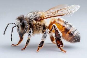 Close-up view of a honeybee covered in pollen, highlighting its wings and intricate details in a natural setting
