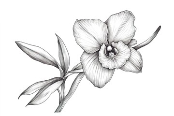 macro elegant daffodil flower pencil drawing sketch on white background