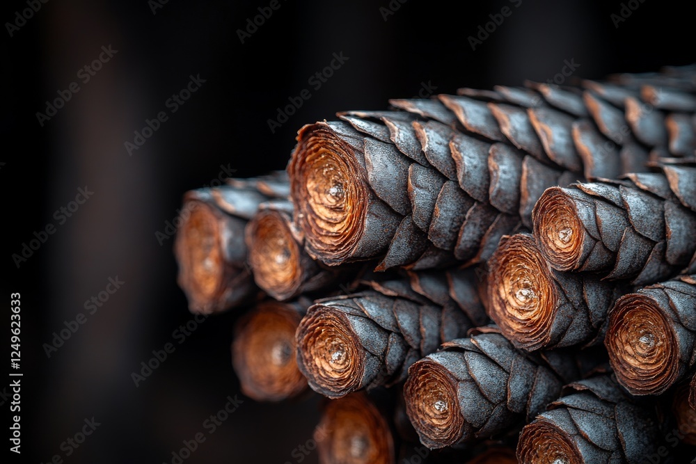 Poster natural arrangement of pine cones showcasing intricate patterns and textures against a dark backgrou