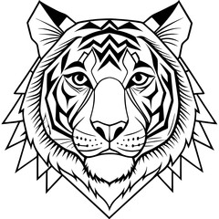 Geometric tiger face, black and white illustration, sharp lines, symmetrical design, tribal style