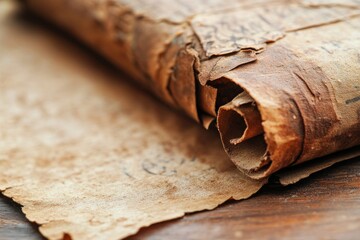 Ancient scroll revealing intricate textures and faded script on aged parchment in a warm, inviting setting