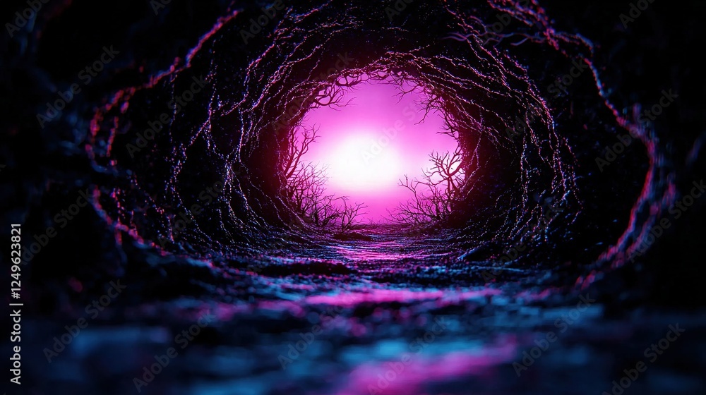 Poster a dim tunnel illuminated by a vibrant pink light at its terminus is illuminated by a bright source a