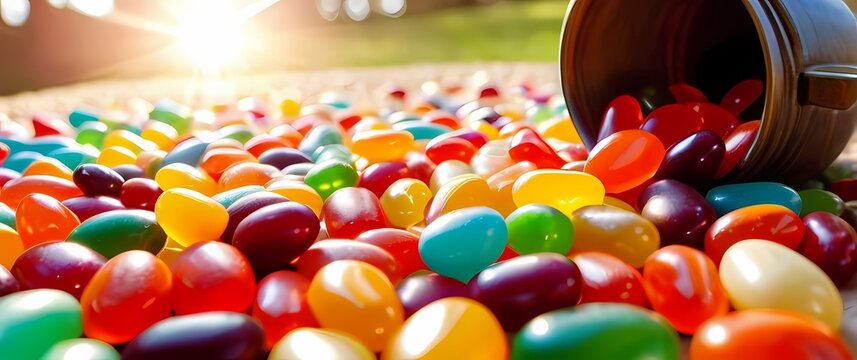 Lively closeup of jellybeans spilling joyfully in bright sunshine each candy inviting nostalgia and a sense of childhood delight