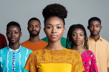 Diverse group of young adults showcasing cultural fashion in a studio setting with soft lighting