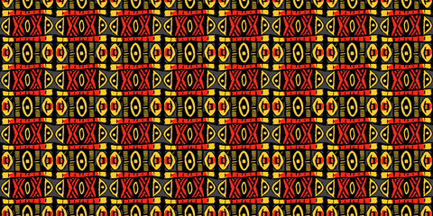Abstract African art shapes seamless backgrounds, tribal geometric decoration patterns. Colored flat boho symbols illustrations	