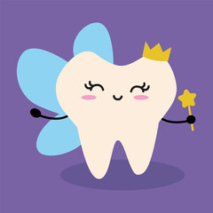 Cartoon Tooth Fairy with Crown, Magic Wand and Wings