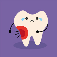Cute Sad Tooth with Pain and Red Spot