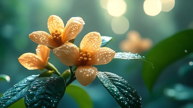 Cascara Sagrada leaves with glistening droplets high resolution hd image