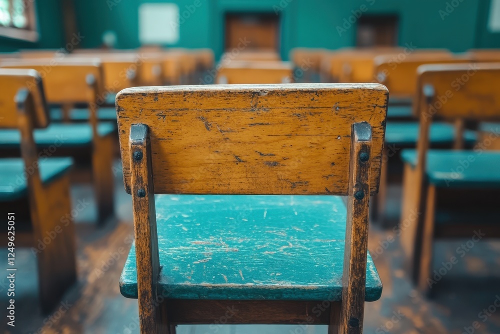 Poster a wooden chair in an empty classroom, emphasizing a learning environment.
