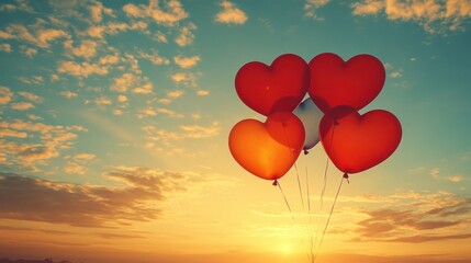 Fototapeta premium Romantic heart-shaped balloons at sunset.