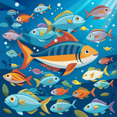 Obraz premium Colorful cartoon fish, underwater scene, coral reef, vibrant colors, playful fish characters, bubbles