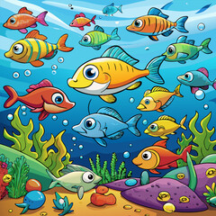 Fototapeta premium Colorful cartoon fish, underwater scene, coral reef, vibrant colors, playful fish characters, bubbles