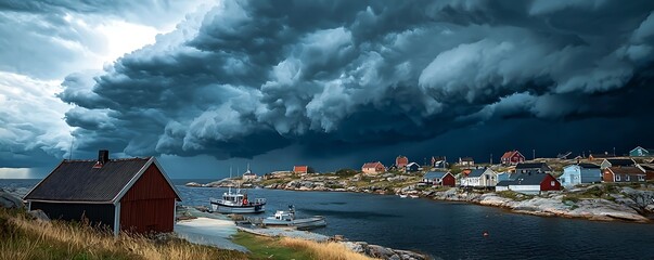 Storm clouds gathering ominously over a quiet fishing village, illustrating nature's unpredictability