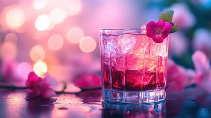 a glass of Valentine's mocktail with bokeh light dreamy drink background