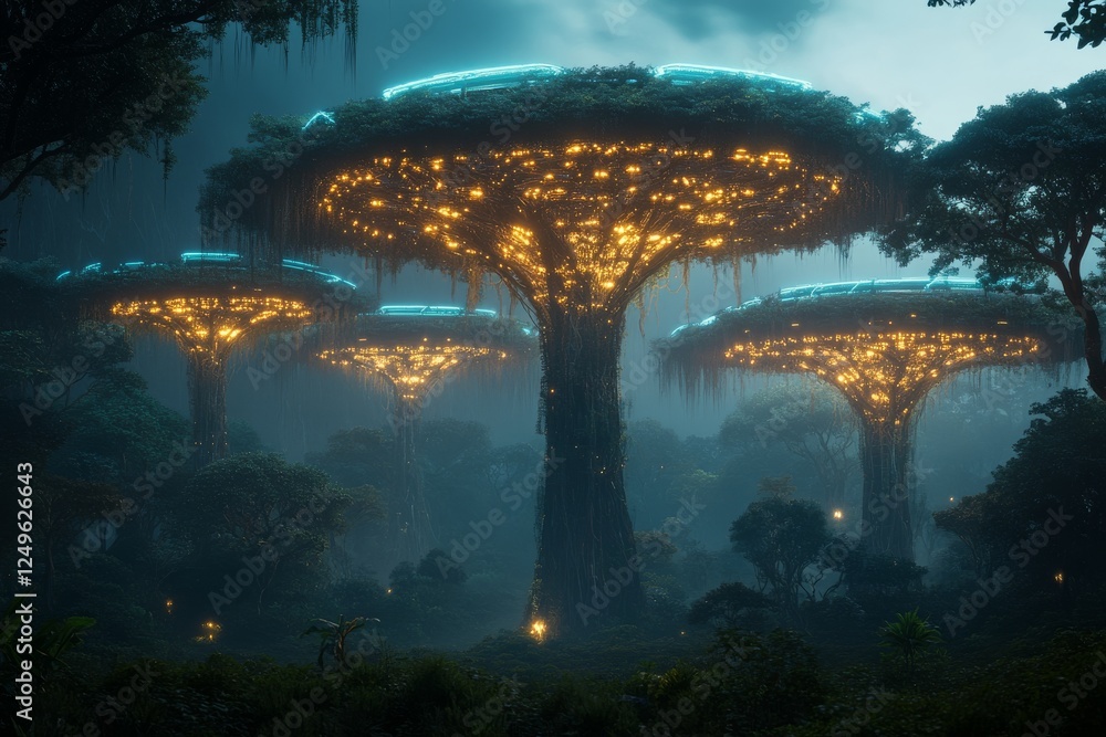 Poster illuminated futuristic trees in a misty forest during twilight showcasing advanced technology and na
