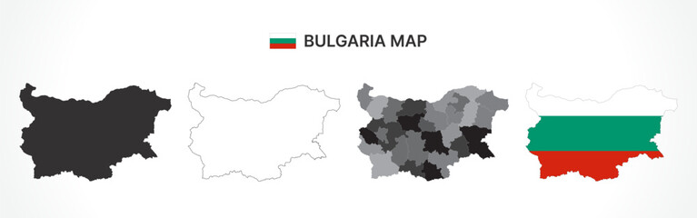 Obraz premium Detailed Bulgaria Map Collection with Outline, Silhouette, Provinces, and Flag Overlay Variations