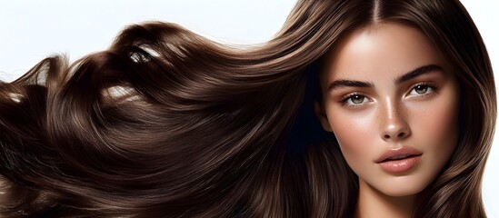 Obraz premium A captivating beauty portrait of a flawless model, an editorial fashion shoot. Insanely detailed photo of a beautiful woman with long hair, hair treatment adverstising. Generative AI