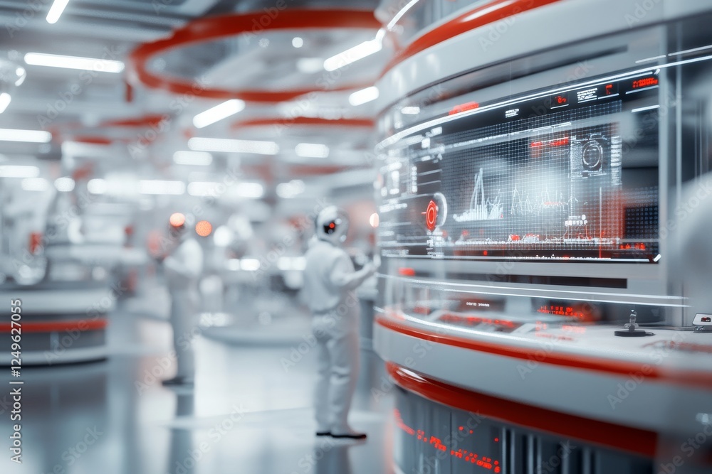 Poster futuristic laboratory environment with scientists analyzing data in high-tech suits at a research fa