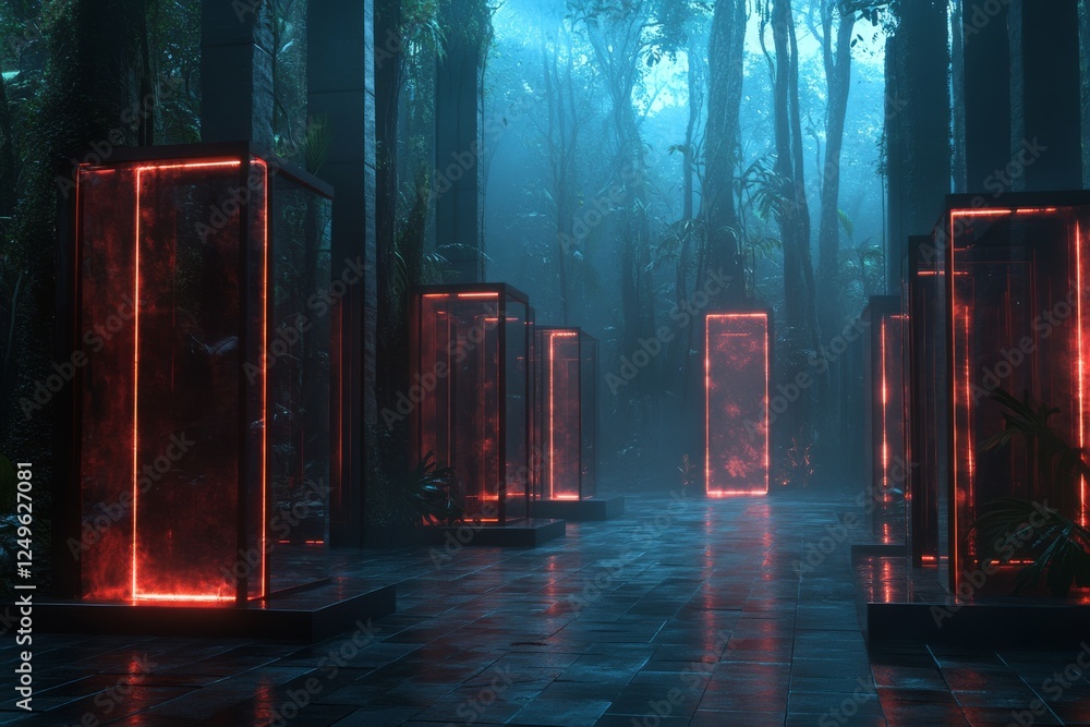 Poster mysterious glowing structures in a foggy forest during twilight hours