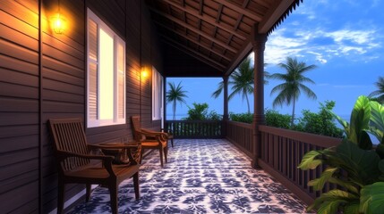 Fototapeta premium Serene evening on a tropical porch with wooden chair, ocean view, and lush greenery in the background