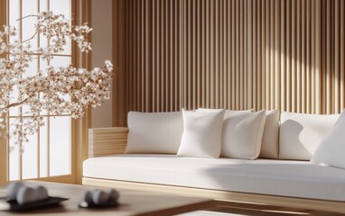 Minimalist Japanese-style living room with sofa, wooden wall, and cherry blossoms.
