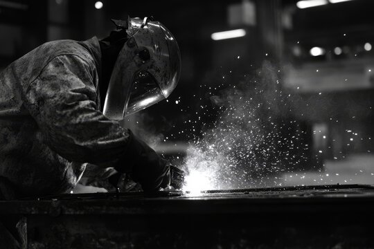 Industrial worker welding metal in factory (1)
