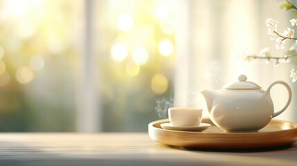 Fototapeta premium Teapot & cups on tray, sun through curtained window