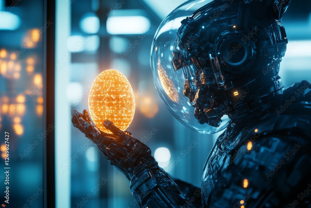 Poster robot examines glowing orb in futuristic laboratory setting showcasing advanced technology and artif