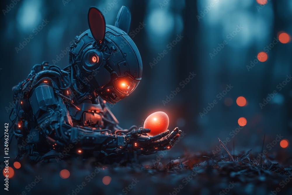 Poster robot bunny holds a glowing red egg in an enchanted forest during twilight hours
