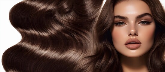 Obraz premium A captivating beauty portrait of a flawless model, an editorial fashion shoot. Insanely detailed photo of a beautiful woman with long hair, hair treatment adverstising. Generative AI