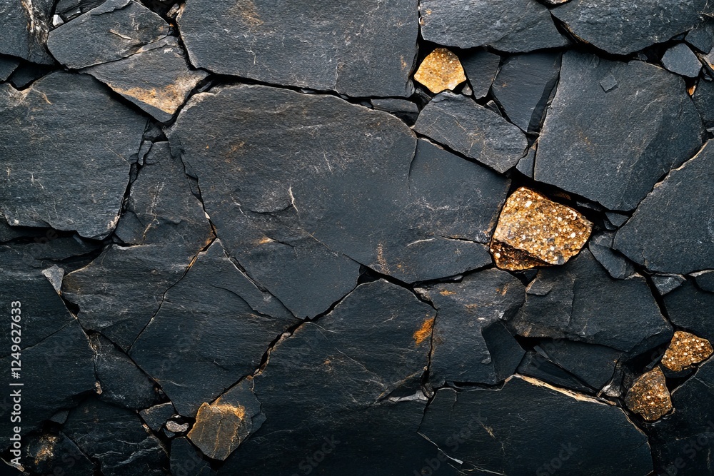 Poster dark textured stone wall with fragmented slate and hints of gold highlights creating a natural patte