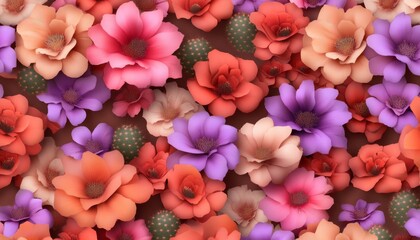 Obraz premium Colorful paper flowers and cacti background design, flat lay, studio shot, website banner