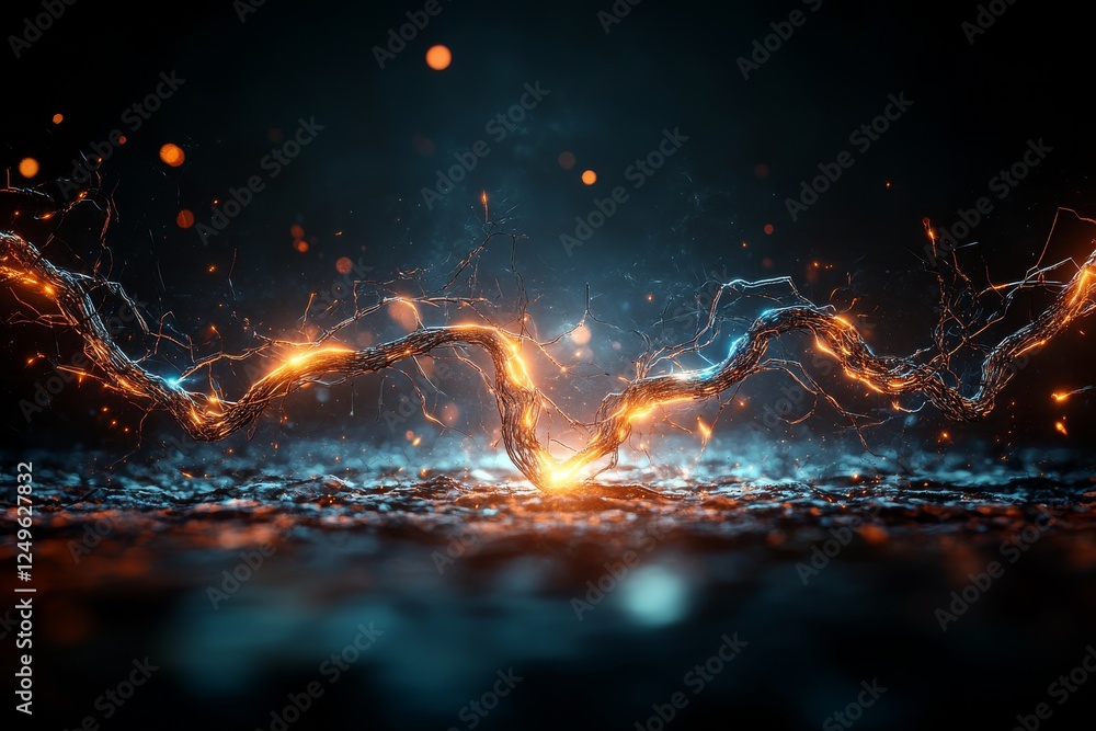 Poster electric energy pulses through glowing branches in a dark setting, creating a captivating visual dis