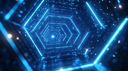 A mesmerizing perspective of a futuristic hexagonal tunnel illuminated by stunning blue lights, evoking a sense of depth and technological advancement. Perfect for sci-fi themes.