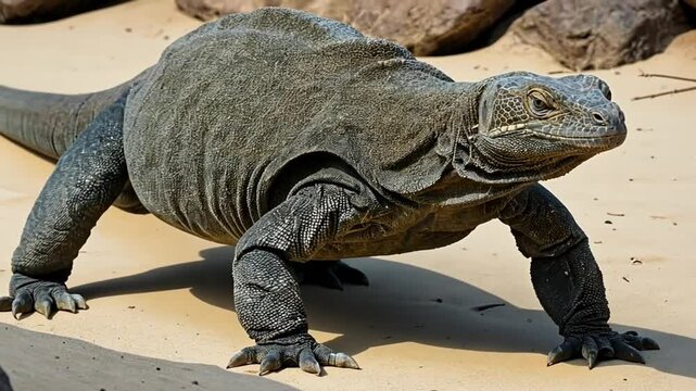 A large monitor lizard walks on a sandy surface with scattered rocks in the background