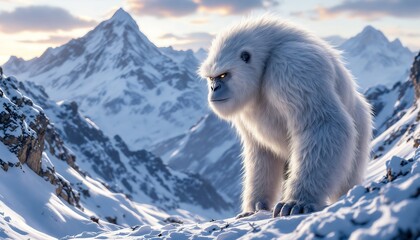 Yeti Standing in Snowy Mountain Landscape with Snow and Cloudy Sky