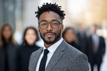 Fototapeta premium Confident professional in formal attire stands out in an urban setting surrounded by colleagues during daytime