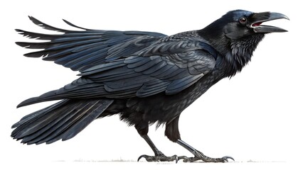 Detailed illustration of a black crow, isolated on a white background