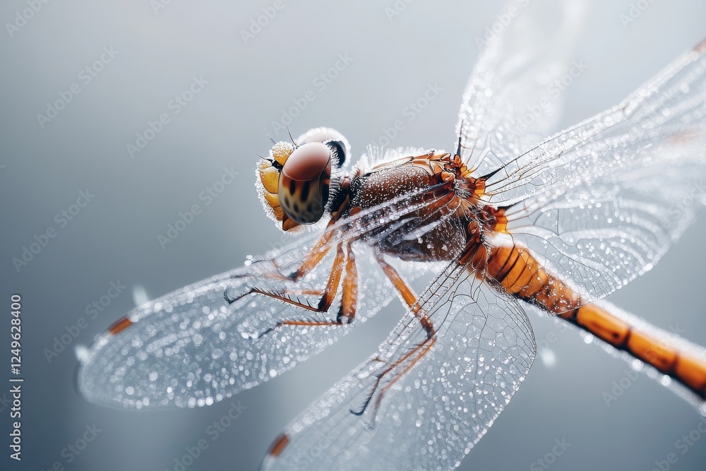 Aufkleber close-up of a dragonfly resting on a dew-covered surface in a tranquil natural setting during the ea