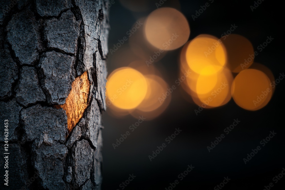 Aufkleber warm glow peeks through cracked bark of tree at dusk with soft bokeh lights in the background