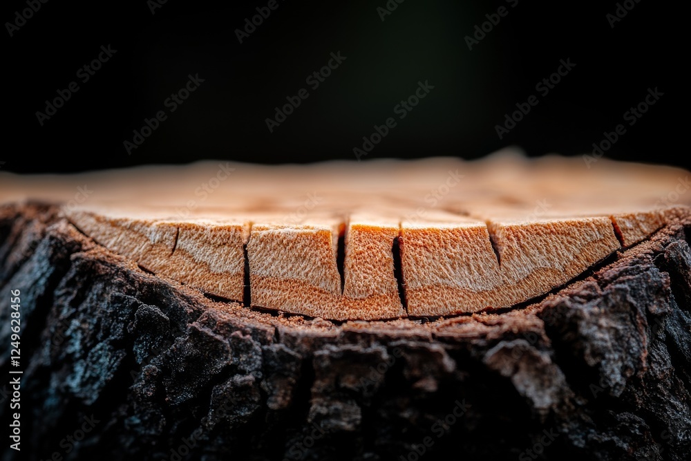 Poster close-up view of a freshly cut tree stump showcasing the intricate wood grain and natural texture un