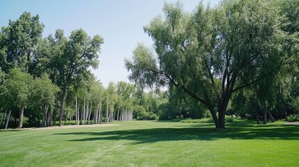 Obraz premium Bright summer day showcases a large oak tree casting shadows in a green field, with birch trees in the foreground under a clear blue sky