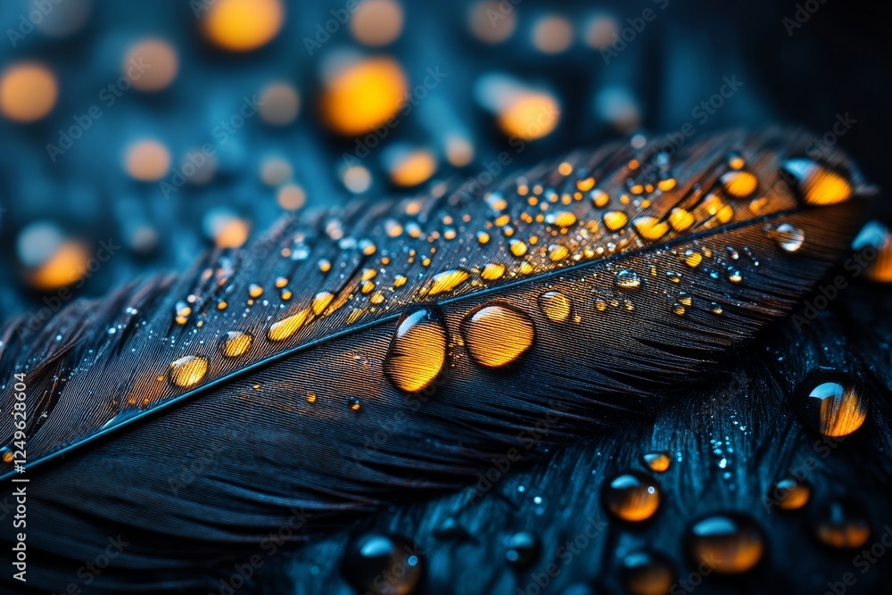 Poster close-up view of a black feather adorned with sparkling droplets illuminated by warm light during a 