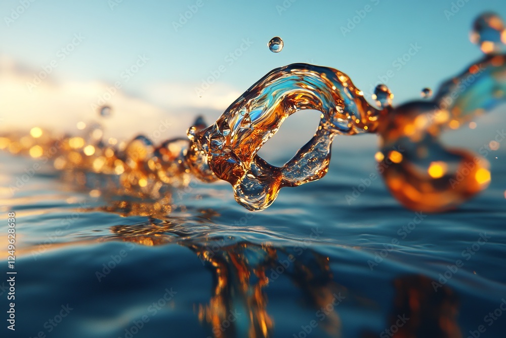 Poster liquid droplets create dynamic patterns in golden hues during sunset above a tranquil water surface