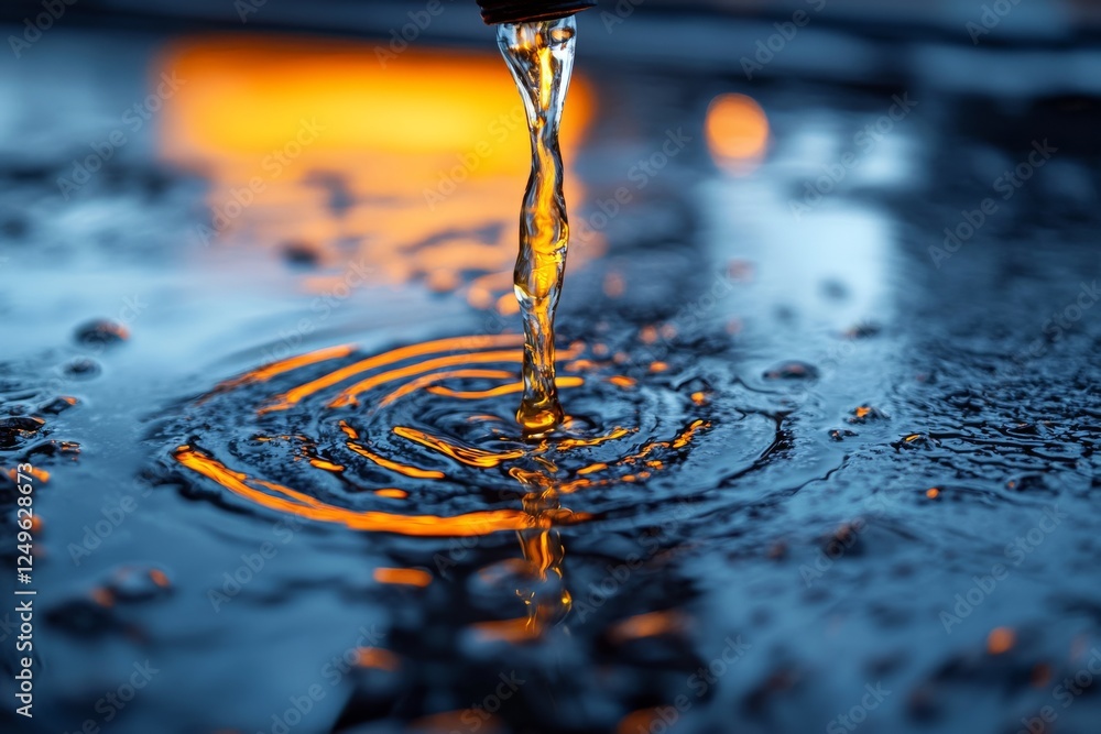 Poster water flows from a tap creating ripples on a dark surface under warm light during twilight hours