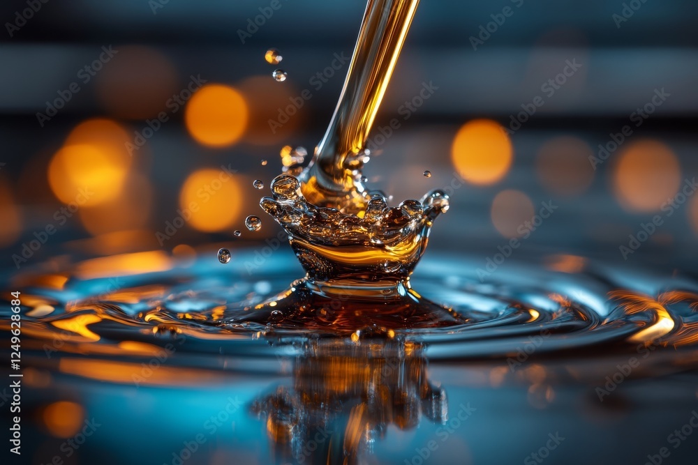 Poster Water droplets create ripples and splashes in a tranquil setting with warm bokeh lights in the background