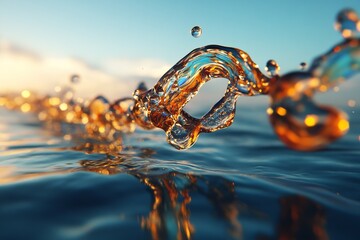 Liquid droplets create dynamic patterns in golden hues during sunset above a tranquil water surface